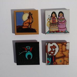 Set of 4 Tile Coaster Wall Art Vintage handmade 4" ceramic